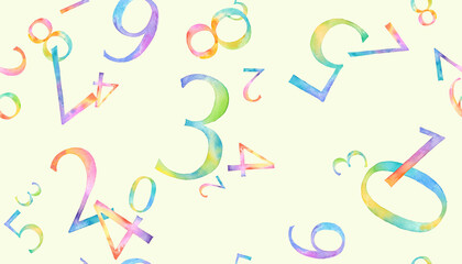 Fototapeta na wymiar レインボカラー数字の水彩イラスト。ランダムに配置した数字のシームレスパターン。背景。