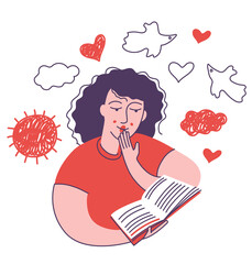 Happy young woman reading book. Vector illustration on white background. 