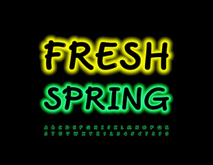 Vector glowing banner Fresh Spring with Neon handwritten Font. Green illuminated Alphabet Letters and Numbers set