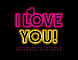 Vector Bright Banner I Love You! Glowing Font. Neon Light Alphabet Letters and Symbols.
