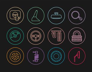 Set line Windscreen wiper, Car tire, mirror, Steering wheel, Speedometer, Oil filler cap at gas station, and brake pedals and handbrake icon. Vector