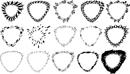 Set, collection. SILHOUETTES of flower wreaths. Set, collection.Black and white ornaments. Graphic, digital drawing with black curls. Insulated round stamp.