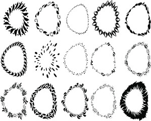 Set, collection. SILHOUETTES of flower wreaths. Set, collection.Black and white ornaments. Graphic, digital drawing with black curls. Insulated round stamp.