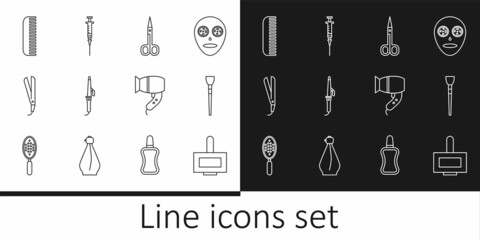 Set line Nail polish bottle, Makeup brush, Scissors, Curling iron, Hairbrush, dryer and Syringe icon. Vector