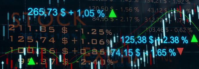 Close-up screen with stocks, quotes, percentage changes, up and down arrows, prices, USD currency symbol, and the word Stock Exchange slightly in the background. 3D illustration