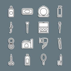 Set line Eyeliner, eyebrow, Eyebrow tweezers, Syringe, Makeup powder with mirror, brush, Curling iron, Spray can and shadow palette icon. Vector