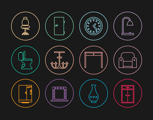 Set line Wardrobe, Armchair, Clock, Chandelier, Toilet bowl, Office, Wooden table and Closed door icon. Vector