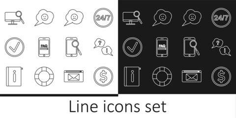 Set line Coin money with dollar, Question and Exclamation, Speech bubble sad smile, Mobile FAQ information, Check mark circle, Computer monitor diagnostics, phone and angry icon. Vector
