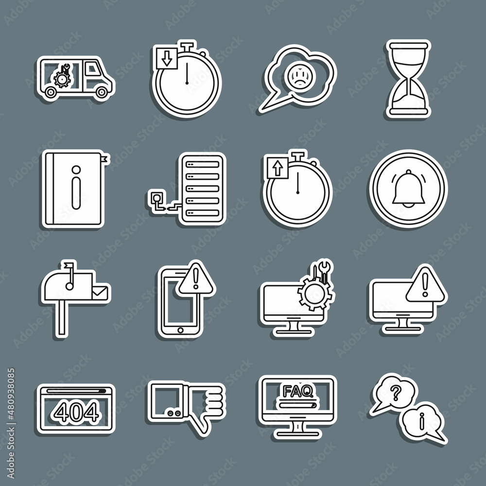 Poster set line question and exclamation, monitor with exclamation mark, button chat notification, speech b