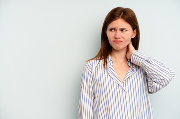 Obraz premium Young English woman isolated on blue background touching back of head, thinking and making a choice.