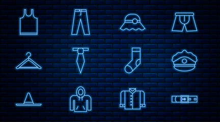 Set line Leather belt, Police cap with cockade, Elegant women hat, Tie, Hanger wardrobe, Sleeveless T-shirt, Socks and Pants icon. Vector