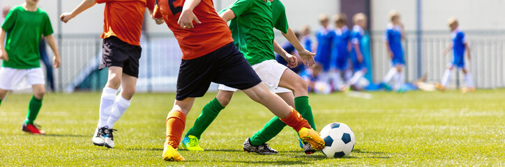 Boys in Green and Red Team Play Football Game on Grass. Sports Education For Children. School Kids...