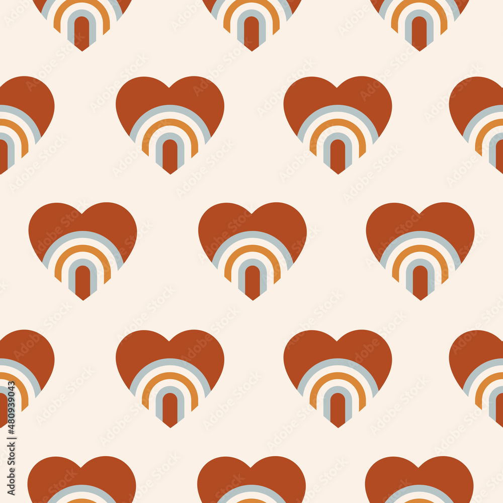 Poster Seamless pattern of hearts with geometric rainbow for Valentine's Day isolated on a light background. Modern  minimal bohemian vector illustration for decoration