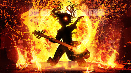 A black silhouette of a bright girl playing an oriental guitar creating a raging fiery lava chaos around her she is a pyro magician musician with long pigtails. hieroglyph on tatami means rock. 2d art - obrazy, fototapety, plakaty
