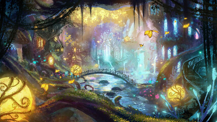A colorful forest city of fairies with magical glowing plants, ancient mighty moss-covered trees with beautiful houses glowing windows are built, butterflies and fireflies fly in the air. 2d art - obrazy, fototapety, plakaty