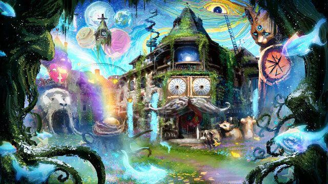 crazy mansion with a lot of strange, bizarre details, strange hallucinogenic things happen here and there, fish swim in air, eyes in the walls, fabulous creatures, abnormal weather phenomena. 2d art