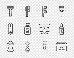 Set line Bottle of shampoo, Cream or lotion cosmetic jar, Hairbrush, Classic Barber shop pole, Shaving razor, tube and Beard and mustaches care oil bottle icon. Vector