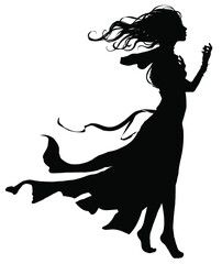 A black silhouette of a touching girl slowly gracefully walking forward barefoot, she has a long dress and hair that is blown up by a strong wind, looks ahead in the video talking to someone. 2d art