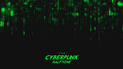 Abstract vector green cyberpunk halftone sound wave. Scrathed dotted texture element.