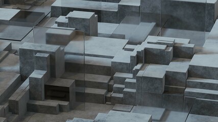 3D background, marble cubes in random level broken up into blocks of different levels. Studio minimal showcase. Render of geometric shapes made of glass and marble material.3D render illustration