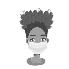 Black and white image of a woman wearing a disposable medical surgical mask to protect against infection. Stop the spread and prevent the transmission of viruses. Vector illustration in a flat style.