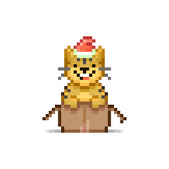 Obraz premium colorful simple flat pixel art illustration of cartoon smiling cute tiger in red santa hat sitting in an open cardboard box