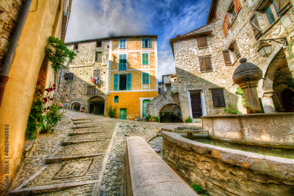 Wall mural Place Lascaris (Place du Mont-Agel) in the Medieval Village of Peille, Alpes-Maritimes, Provence, France