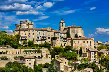 The Castle and the Church of Saint Fermin (Firmin) Crowning the City of Gordes, Provence, France - obrazy, fototapety, plakaty