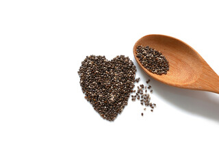 Heart shaped chia seeds and wooden spoon