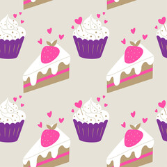 Delicious seamless pattern for bakery: cupcakes and strawberry cake pieces with hearts. Valentine’s day background.