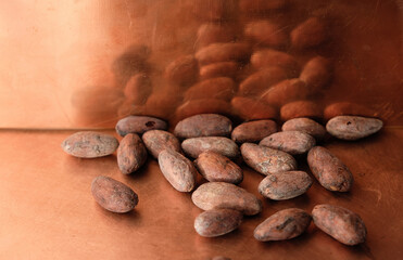 Cocoa beans on a copper background. Reflection.