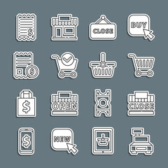 Set line Cash register machine, Shopping building and text closed, cart, Hanging sign with Closed, check mark, Paper financial, and basket icon. Vector