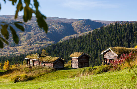 Traditional Norwegian Timber Cottages Near Beitostoelen, Norway