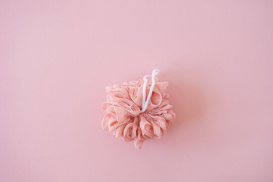 Flat lay sponge on a pink background. Top view