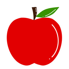 Hand drawn cute flat glossy red apple with leaf vector isolated on white background. 