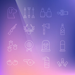 Set line Cartridges, Bullet, Bottle of vodka, Binoculars, Deer antlers on shield, Shotgun, Dog and Wooden axe icon. Vector