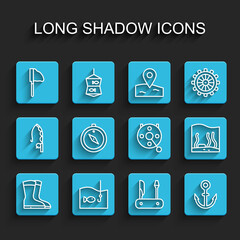 Set line Fishing boots, hook with fish, net, Swiss army knife, Anchor, Compass, Aquarium and Spinning reel for fishing icon. Vector