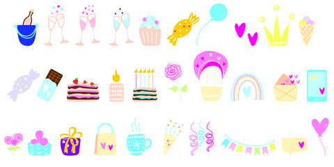 Celebration cartoon icons vector set. Birthday icons, holiday elements