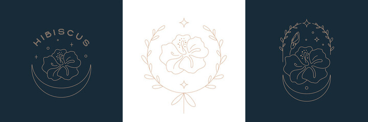 A set of floral minimalistic logos. Hibiscus drawn with a line. Bohemian emblems with a line with flowers and leaves, a beautiful symbol for the logo and packaging of cosmetics © Алена Габидуллина