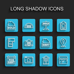 Set line Hanging sign with For Rent, Online real estate house, text Sold, House, Market store, Location key and icon. Vector