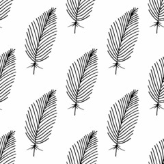 Seamless pattern with black feathers on white background. Vector image.