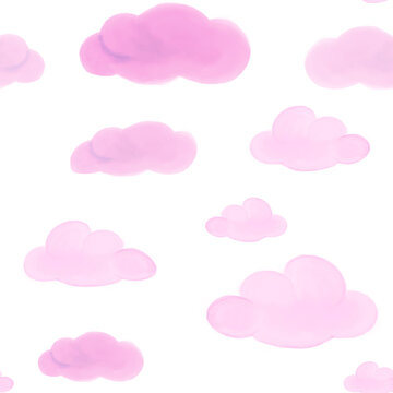 Flauschige rosa Wolken Wasserfarben Cartoon nahtloses Muster