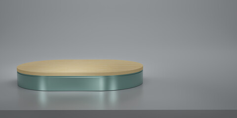 Shiny green with wood oval pedestal or podium in studio backdrops. Green metallic oval. Blank display or clean room for showing product. Copy space. Minimalist mockup for showcase. 3D rendering.