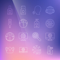Set line High human body temperature, Virus statistics on monitor, Stop virus, Man coughing, Earth with medical mask, Medical thermometer, Liquid antibacterial soap and icon. Vector