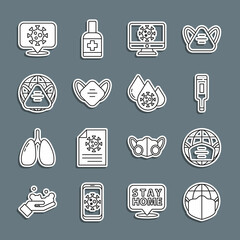 Set line Earth with medical mask, Medical thermometer, Virus statistics on monitor, protective, Corona virus location and Blood test and icon. Vector