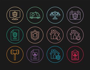 Set line Health insurance, Fire burning house, Scales of justice, House with shield, Contract, Location, flood and Emergency car icon. Vector