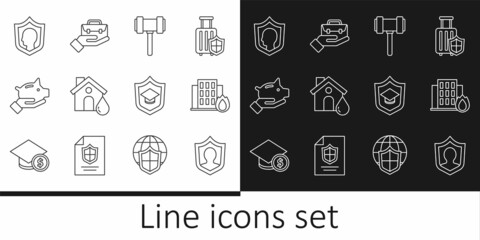 Set line Life insurance with shield, Fire burning house, Judge gavel, House flood, Piggy bank, Graduation cap and Hand holding briefcase icon. Vector