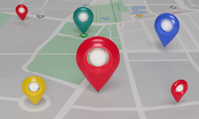 GPS. navigator pin checking  with map on beige background. Location pin, location map, location icon. 3d rendering illustration.