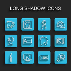 Set line Dental explorer scaler, clinic location, Tooth treatment procedure, card, Dentures model, and Broken tooth icon. Vector