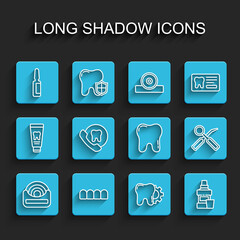 Set line Dental floss, Dentures model, Painkiller tablet, Tooth treatment procedure, Mouthwash bottle, Online dental care, inspection mirror and icon. Vector